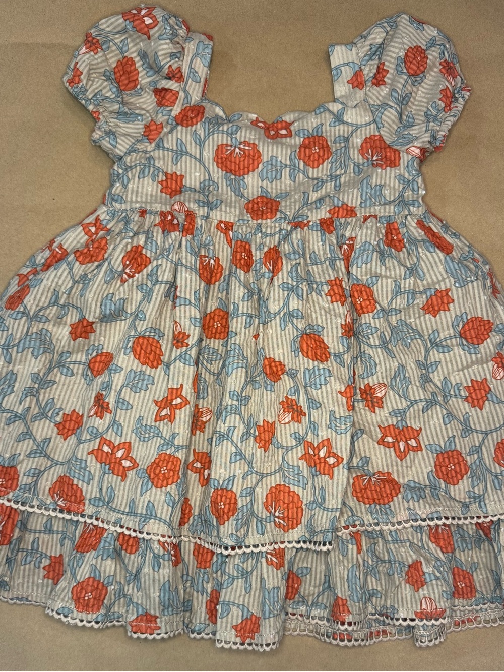 Girls Floral Orange & Blue Puff Sleeve Dress